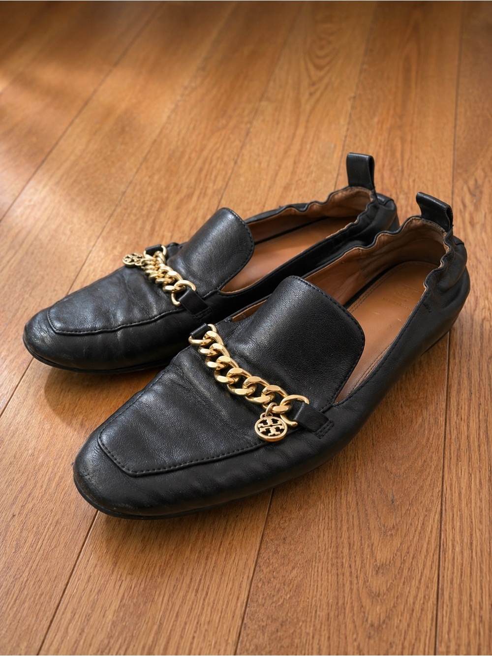 Tory Burch Black Leather Flat Loafer with Gold Trim